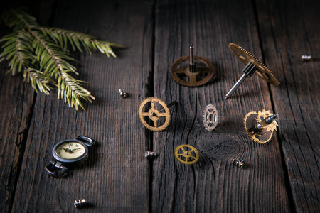 Old watches, clockwork - gears, screws, twig of the Christmas tree on wooden boards. Good idea...