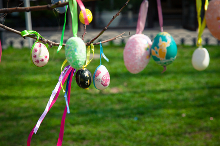 Christian holiday Easter, trees decorated with painted eggs is an old tradition.の写真素材
