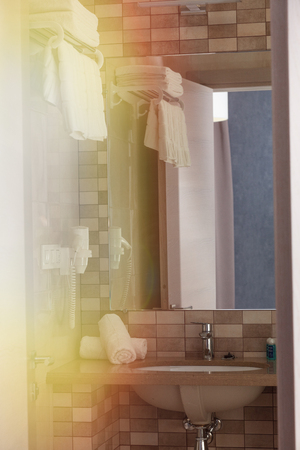 Bathroom comfortable room, shower, mosaic tiles, washbasinの写真素材