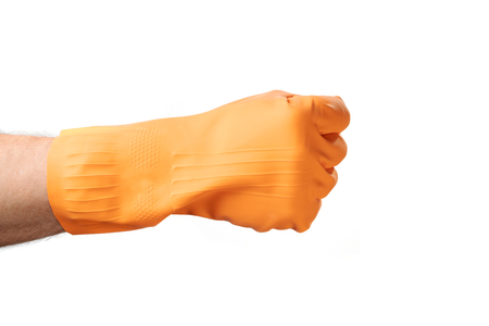 Hand gesture cleaning, rubber orange glove, for home, garden, protection. White isolate background.の写真素材