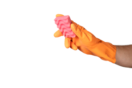 Hand gesture cleaning, rubber orange glove, for home, garden, protection. White isolate background.の写真素材