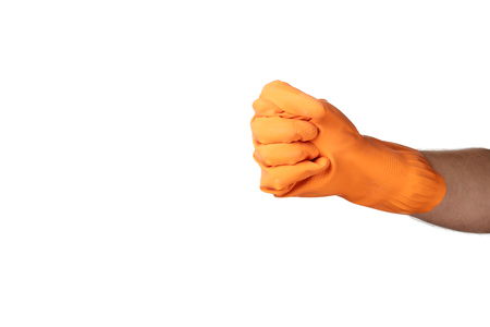 Hand gesture cleaning, rubber orange glove, for home, garden, protection. White isolate background.の写真素材