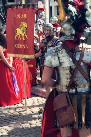 Odessa, Ukraine - March 2018 Roman legion empire soldiers old armor, swords, shields, banners Show.のeditorial素材