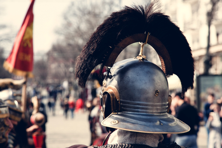 Odessa, Ukraine - March 2018 Roman legion empire soldiers old armor, swords, shields, banners Show.