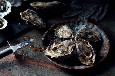 Opened fresh oysters on a darkの写真素材