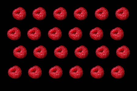 Sweet Pattern Red Raspberry, on a black background. Safe natural product, vegetarian ingredient, advertising card.の写真素材