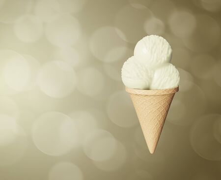 Highly detailed delicious balls vanilla ice cream in a waffle cone  Abstract colored background....