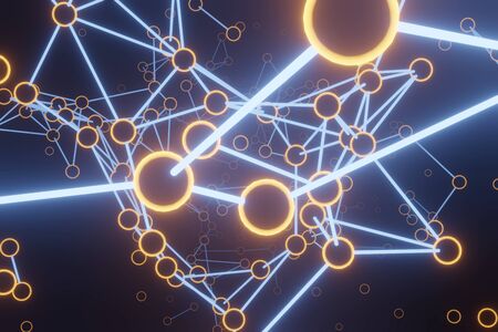 3D Rendering Infinite Particles Abstraction of communications in the global network, the search for customer relationships. Neon links with rings.の写真素材