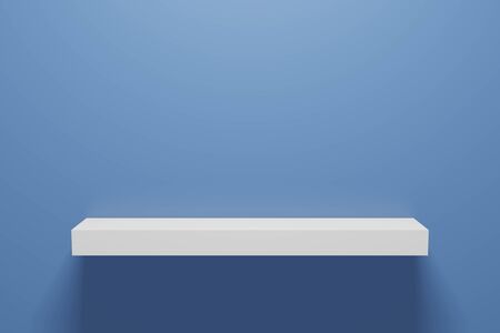 Realistic 3D rendering.  Front view of empty shelf on blue wall background with modern minimal concept. Display of room shelves for showing. の写真素材