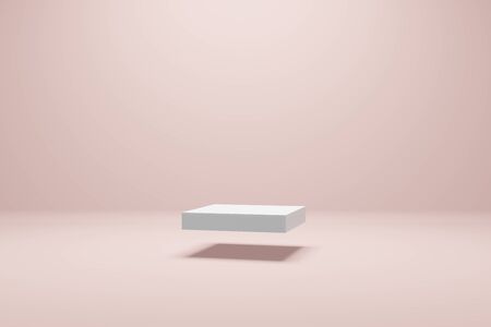 Empty podium or pedestal display on light pink. Front view minimal concept. Empty shelf product...
