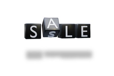 Plastic black dice with sale word discount black friday day concept. The view from the front on a white background isolate. Realistic 3D rendering.の写真素材