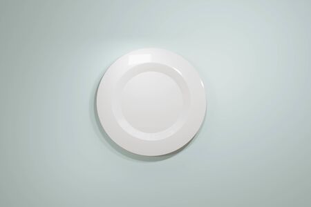 Classic white ceramic plate for a restaurant or cafe view from the top on a light blue Pastel...