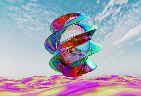 Steep abstract design, futuristic glass egg object around which colored speral over the flowing...
