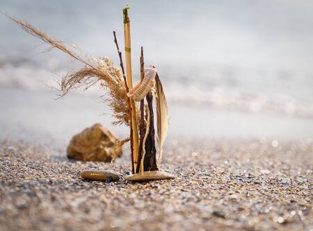 Marine installation on sand symbolizing zen, harmony, balance.の写真素材