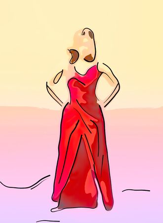 Pop art abstract illustration portrait of a young girl in a dress, on colored background. Modern minimalism.の写真素材