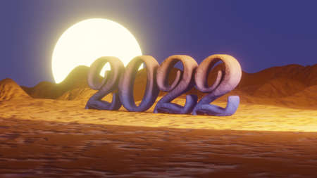 Textured 3D text 2022 on the background of the desert and the moon, nice background.