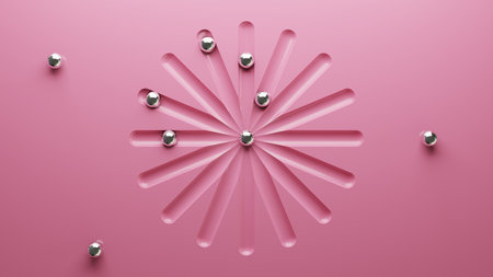 Chromed iron balls roll on a pink plastic board pattern in Japanese style. Image of a logic board game for meditation. 3D rendering.の写真素材