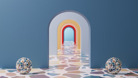 Model of a hall with a tunnel arch in perspective, Mediterranean colors, marble mosaic floor, empty wall in the foreground and two ceramic spheres. 3d rendering.の写真素材