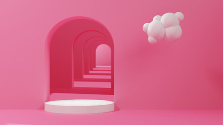 Pink wall with arch, white podium, air cloud 3D rendering background wall, can be used to display the background of banner design elementsの写真素材