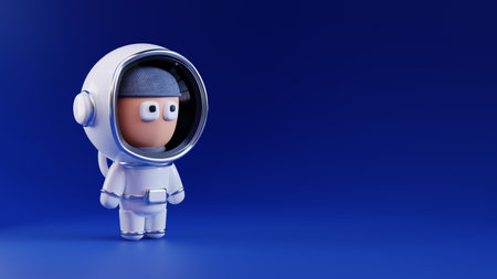 Astronaut, cartoon character of a researcher in a white space suit with metal elements in a minimalist style on a blue background. 3D rendering.の写真素材