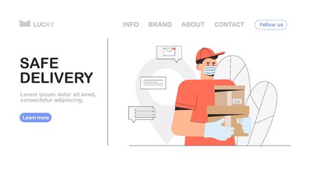 Safe delivery and courier service concept, male courier with a medical, protective mask and gloves, hold a delivery box. Flat style vector illustration for web banner.のイラスト素材