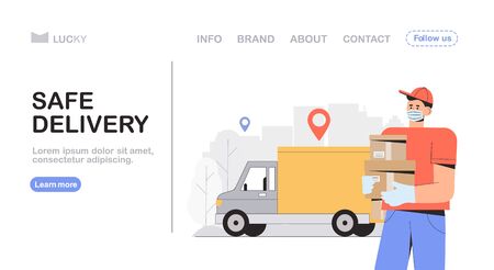 Safe delivery and courier service concept, delivery man in a medical, protective mask, holding ordered box and stands next to the van. Flat style vector illustration for web banner, landing page.のイラスト素材