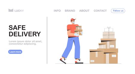 Safe delivery and courier service concept, male courier with a medical, mask and gloves holds a delivery box and collects orders in the warehouse. Flat style vector illustration for web banner.のイラスト素材