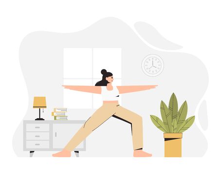 Young woman doing yoga in a cozy room with a modern interior. Flat style vector illustration. Sport and fitness, healthy lifestyle.のイラスト素材