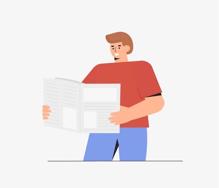 Young happy man reads positive news in a newspaper. Flat style vector.のイラスト素材