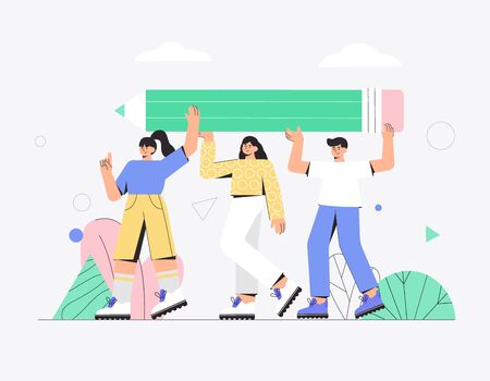 The concept of team work, business, partnership, cooperation. Team work in project, several people, man and woman holding large pencil.のイラスト素材