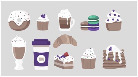Big set of desserts and pastries for a cafe or coffee shop - donut, cake, coffee in a paper cup,...