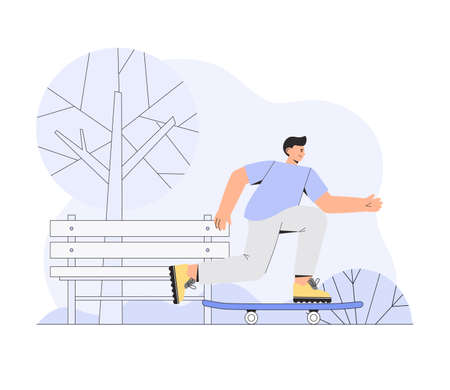 Man skateboarder rides a skateboard on the background of a city park.のイラスト素材