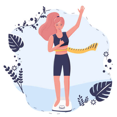 Pretty young woman standing on scale and measures her waist. Happy slim girl lost weight.のイラスト素材