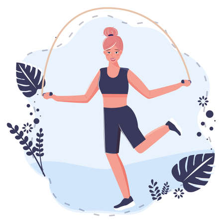 Pretty young woman jumping with a rope. Sport and bodily exercises on white background.のイラスト素材