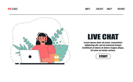 Customer service, woman with long hair sitting at table with a laptop, with headphones and a microphone, coffee and flowers.のイラスト素材