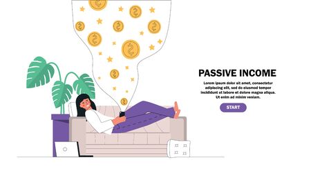 Young girl resting, lying on the couch holding the mobile making money online. Passive income, investment, finance savings, freelance, distant work for banner.のイラスト素材