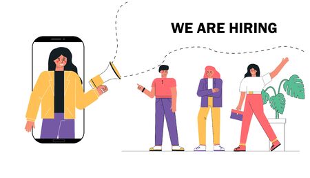 Woman shouting on megaphone or loudspeaker and recruiting new employees people to work. A group candidate is waiting in line for a job.のイラスト素材