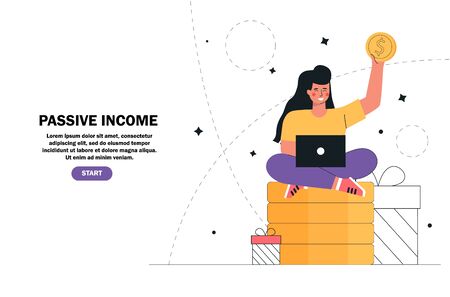 Young girl sitting on a stack money, gold coins with laptop. Passive income, investment, finance savings, freelance, distant work for banner landing page, ui, poster.のイラスト素材