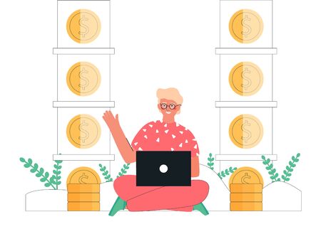 Young man sitting with laptop earning money online next to stacks of gold coins. Passive income, investment, finance savings, freelance, distant work for banner.のイラスト素材