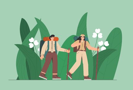 Travelers in the jungle. People, man and woman enjoy large green leaves. Concept of discovery, exploration, hiking, adventure.のイラスト素材