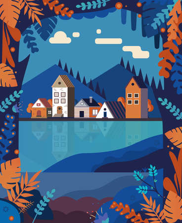 Beautiful autumn color city park around lake. Flat style vector illustration.のイラスト素材
