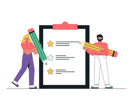 ustomer service concept. Man and women hold giant pencils in their hands and leave a review. Customer feedback online review.のイラスト素材