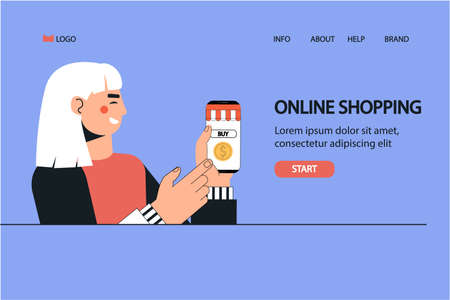 Concept online shopping, woman makes online order in online store through a mobile app. Woman holds smartphone for pays order.のイラスト素材