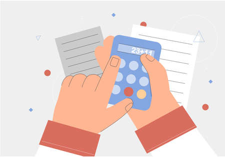 Concept of credit, Finance, mortgage, spending planning. Hand holding a calculator, documents. Flat style vector illustration.のイラスト素材