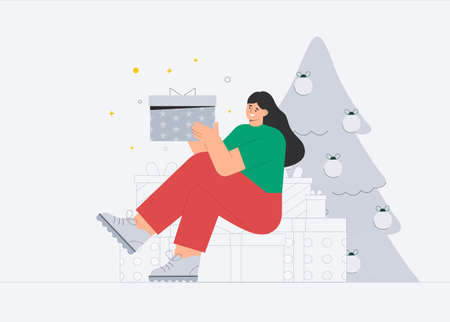 Young woman is sitting on gift box, against the background Christmas tree.のイラスト素材