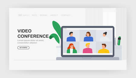 Vector trendy illustration group of people friends meeting online video conference call on laptop display. People video calling and messaging talking, consultation, seminar, online training concept.のイラスト素材