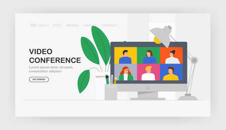 Modern communication vector trendy illustration video call, banner, web. Young man and women using video calling and messaging talking internet app on laptop or smartphone. Flat cartoon style.のイラスト素材