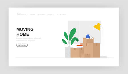 People relocated to new home, moving to new house, banner, web. Paper boxes with various things - a clock, a lamp, flowers in room. Vector illustration in flat style.のイラスト素材