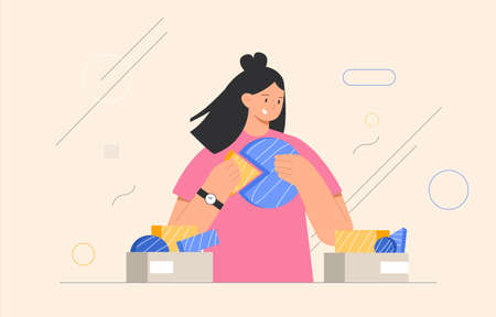 Business concept. Woman connecting puzzle elements or jigsaw pieces, abstract shapes on the background. Flat style vector illustration.のイラスト素材