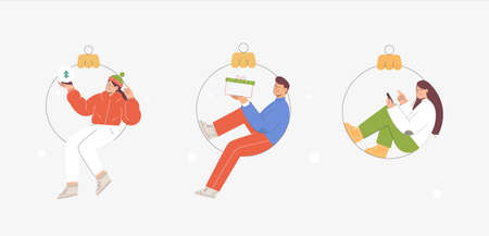 Happy new year and Christmas concept. Scenes of a woman and men sitting in Christmas ball. Flat...